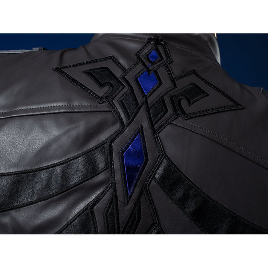 Genshin Impact Il Capitano cosplay garment balances black segmented overlays in a detailed costume view.