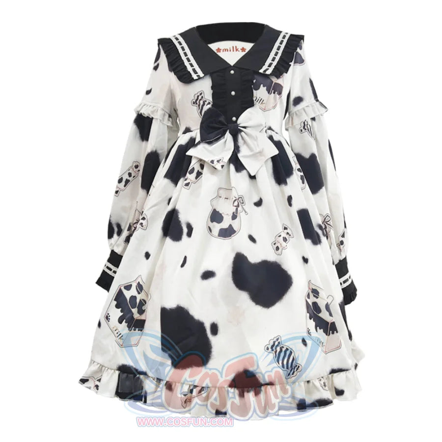 Lovely Cow Printed Lolita Long Sleeve Dress - cosfun