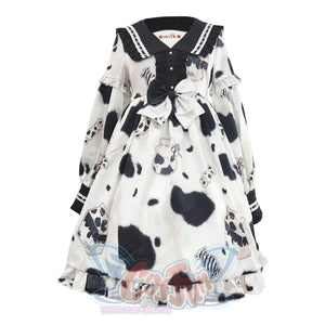 Lovely Cow Printed Lolita Long Sleeve Dress - cosfun