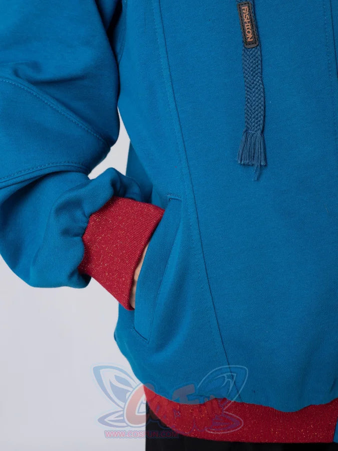 Close-up of blue Homelander cosplay jacket sleeve with red ribbed cuff detail