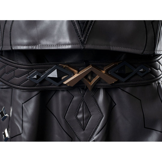 Genshin Impact Il Capitano cosplay belt anchors gold hardware across dark grey faux-leather above diamond-stitched panels.