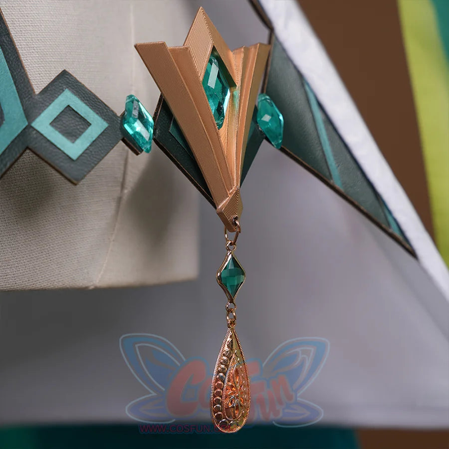 Genshin Impact Nefer Cosplay Costume, green ribbons on left side and decorated with gold in the middle.