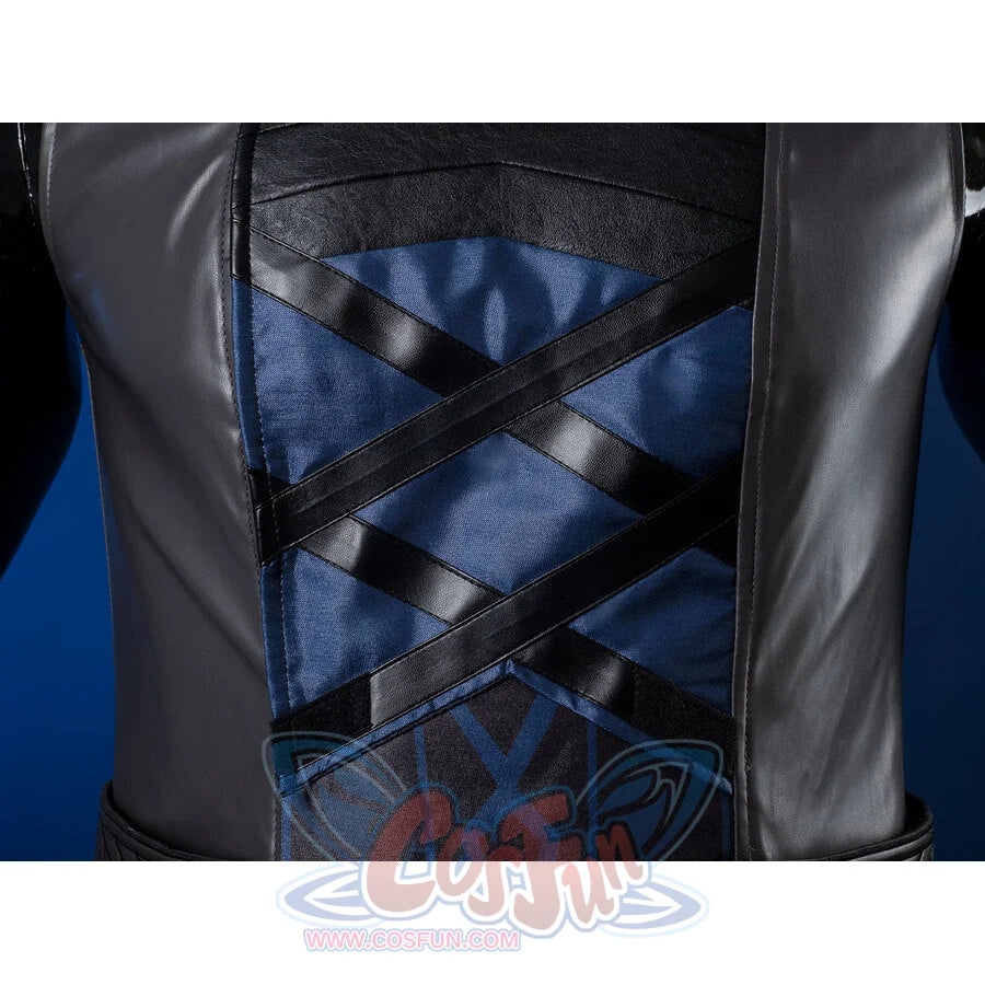 Genshin Impact Il Capitano cosplay torso piece centers dark blue panel traced by crossing black leather straps and blue.
