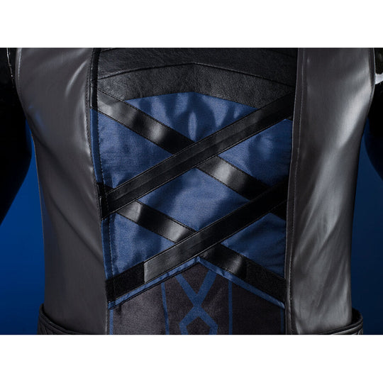 Genshin Impact Il Capitano cosplay torso piece centers dark blue panel traced by crossing black leather straps and blue.