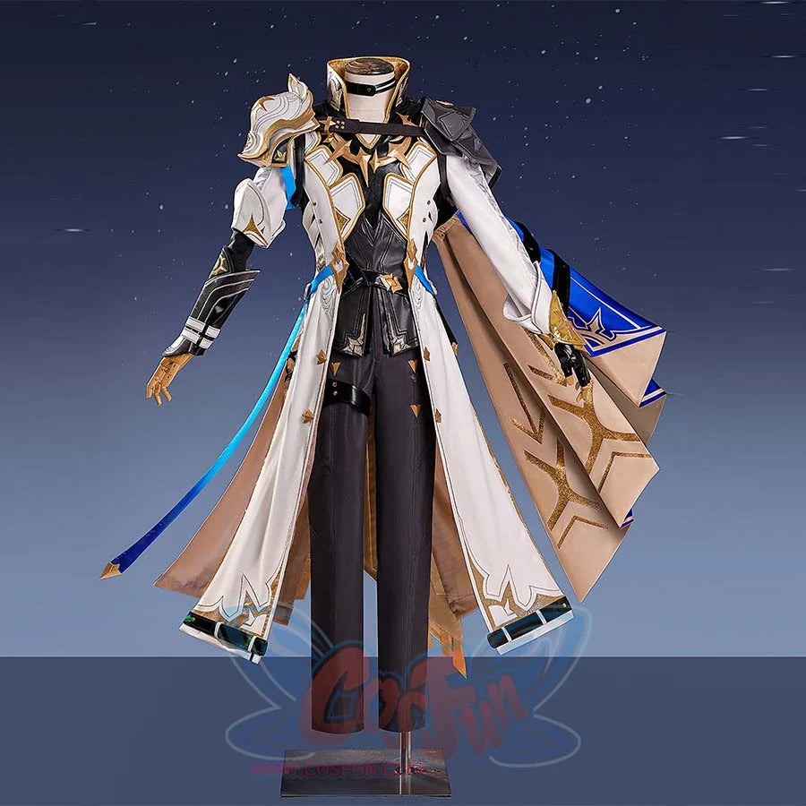 Honkai: Star Rail Phainon cosplay costume sets ornate bracer against a flowing patterned cape and black pants.
