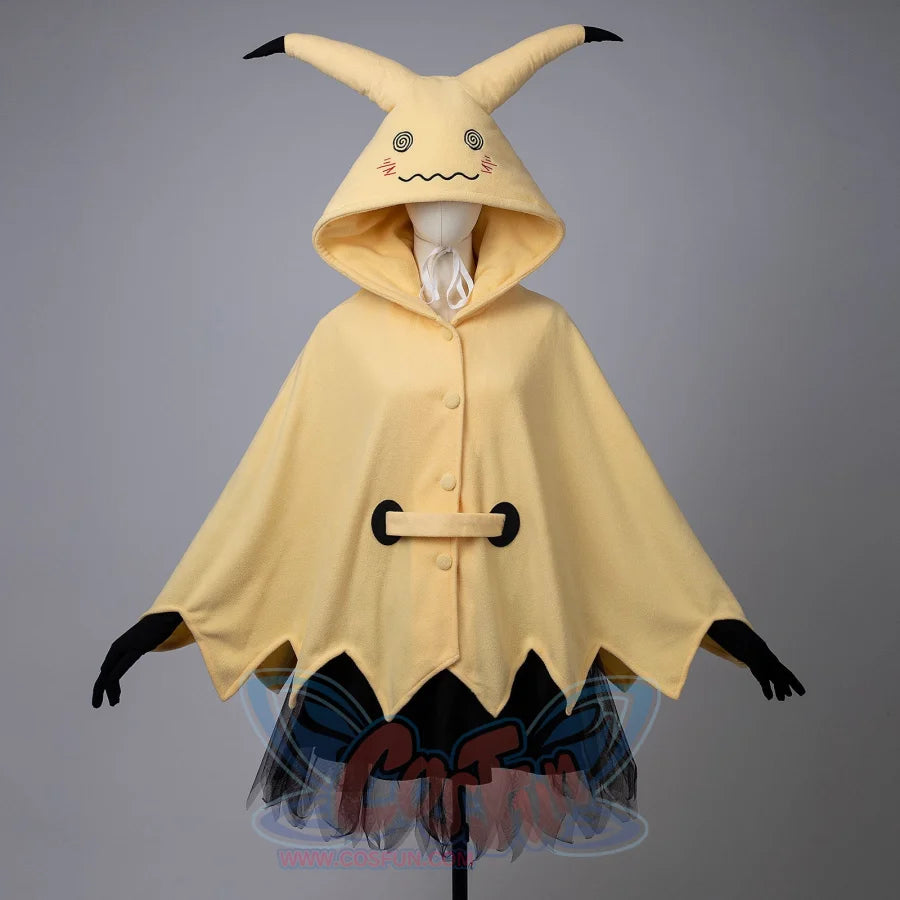 Model wearing yellow spark cute cape dress with hood and black tutu skirt in autumn forest