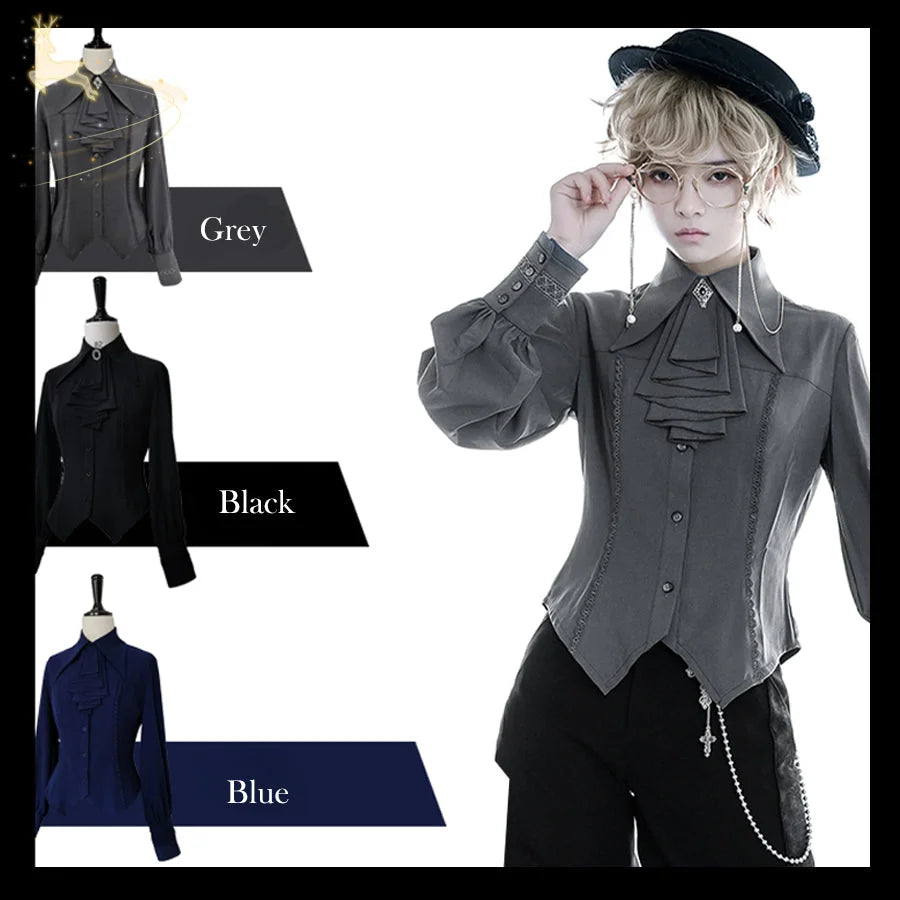 PRE-SALE Black Blue Grey Retro Lolita Medieval Scarf Mutton Sleeve Shirt S23012 - cosfun