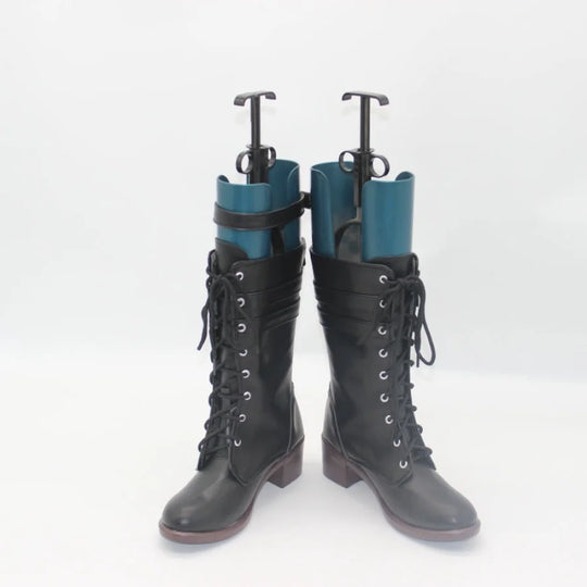 COSFUN Genshin Impact Lynette cosplay boots in black matte leather anchoring a turquoise lining at the top edge.