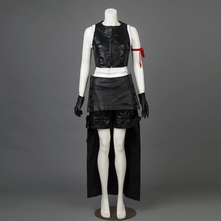 COSFUN FINAL FANTASY VII FF7 Tifa Lockhart cosplay costume layers a zip vest over a white top with a red arm tie.