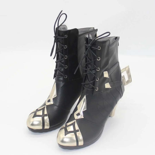 COSFUN Genshin Impact Arlecchino The Knave cosplay boots pair in black imitation leather with gold accents.