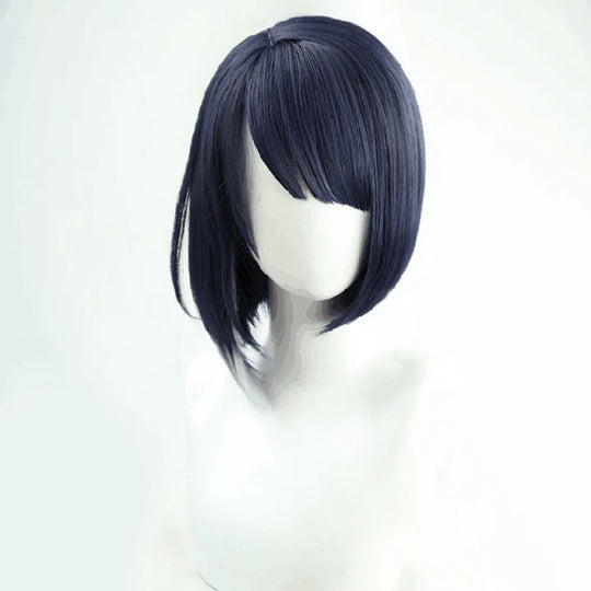 COSFUN Genshin Impact Kujou Sara cosplay wig layers a dark blue asymmetrical bob with long swept bangs.