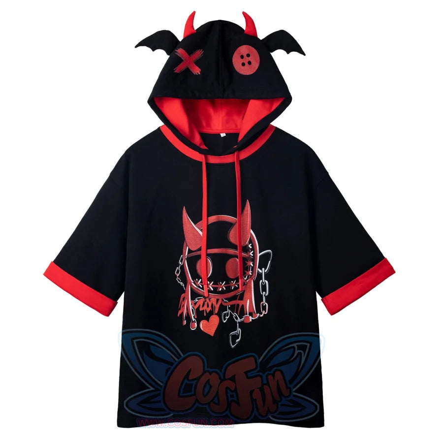 Woman wearing black summer little devil short sleeve hooded sweatshirt with red horns and design