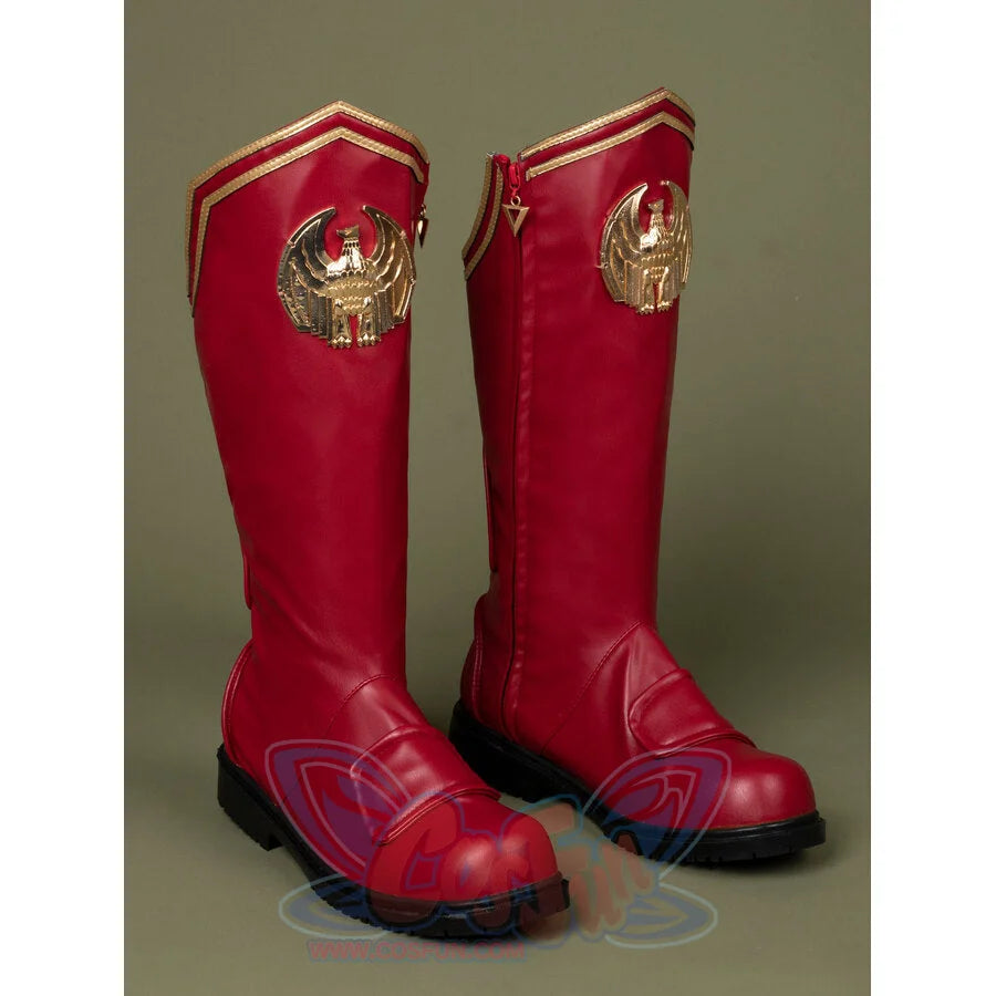 The Boys Season 4 Homelander cosplay boots pairing V-notched gold cuffs and triangle-pull inner leg zippers.