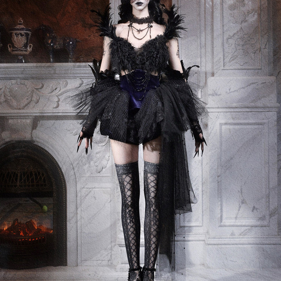 Elegy Day Gothic Feather Rhinestone Velvet Dress, Dress / S