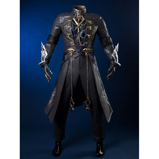 Genshin Impact Il Capitano cosplay costume pairs dark grey long coat with blue vest and gold chain detail.