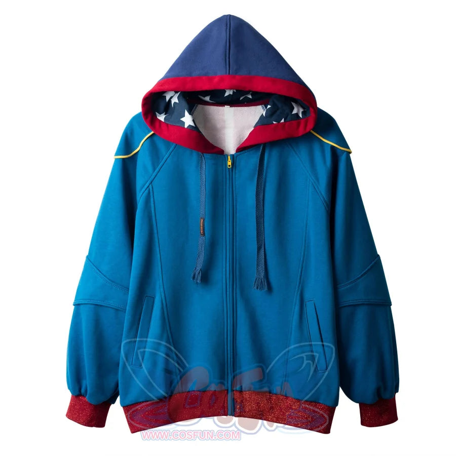 Flat lay of blue Homelander cosplay jacket with star-patterned hood, front zipper detail