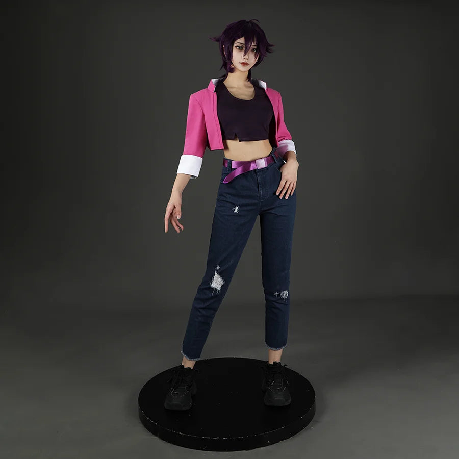COSFUN Fantastic Four Invisible Woman Susan Storm cosplay costume layers pink jacket over ripped jeans anchored by a magenta.