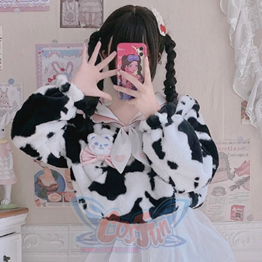 Autumn Winter Lovely Cow Lolita Woolen Hoodie - cosfun