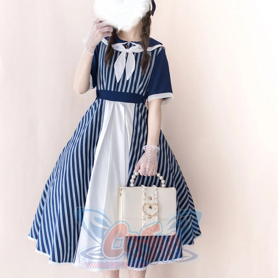 Summer Color Blocking Stripe Short-sleeved Dress - cosfun