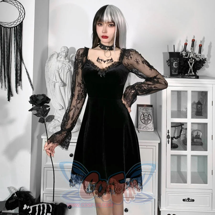 Sexy Velvet High Waist Lace Long Sleeve Princess Short Dress S22905