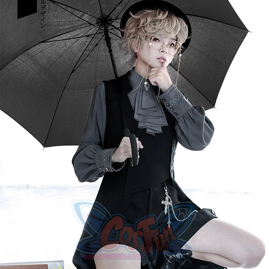 PRE-SALE Black Blue Grey Retro Lolita Medieval Scarf Mutton Sleeve Shirt S23012 - cosfun