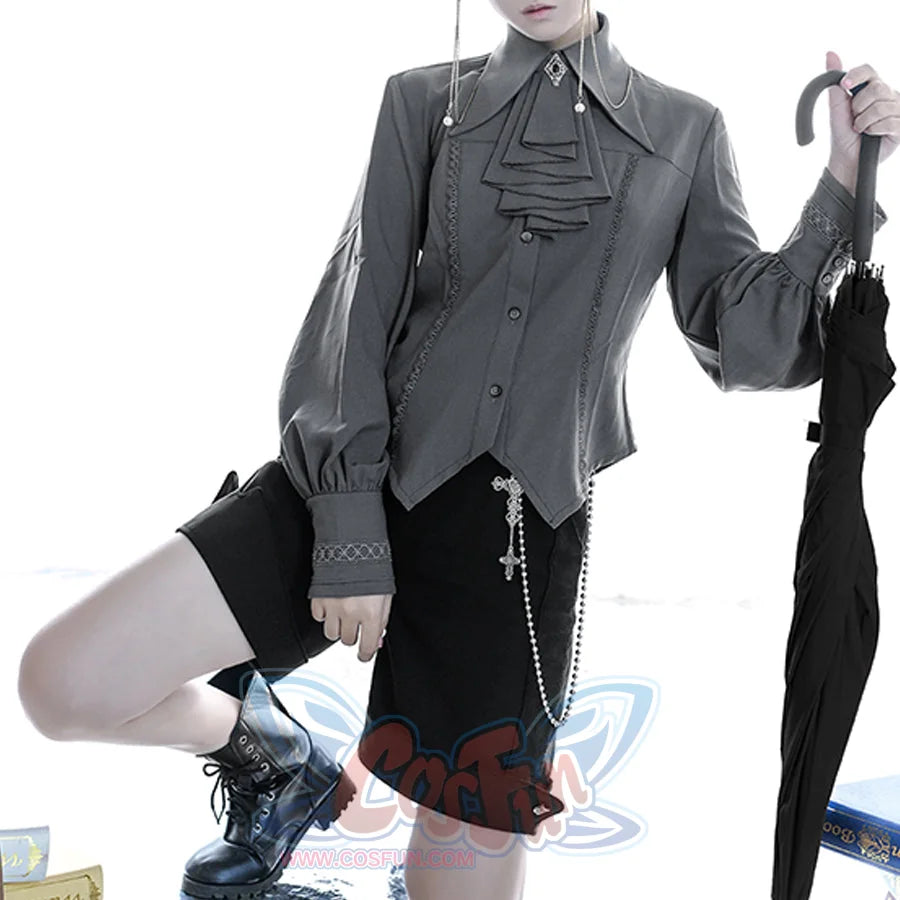 PRE-SALE Black Blue Grey Retro Lolita Medieval Scarf Mutton Sleeve Shirt S23012 - cosfun