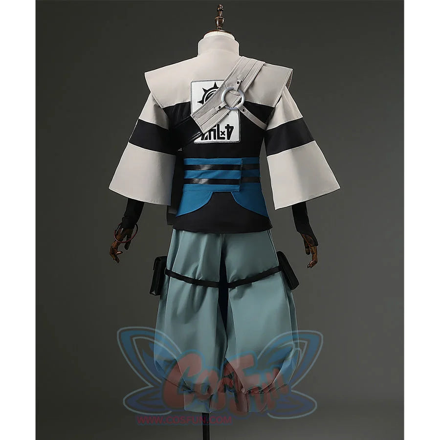 Back view of Zanka cosplay costume showing detailed shoulder design and blue waist accessory