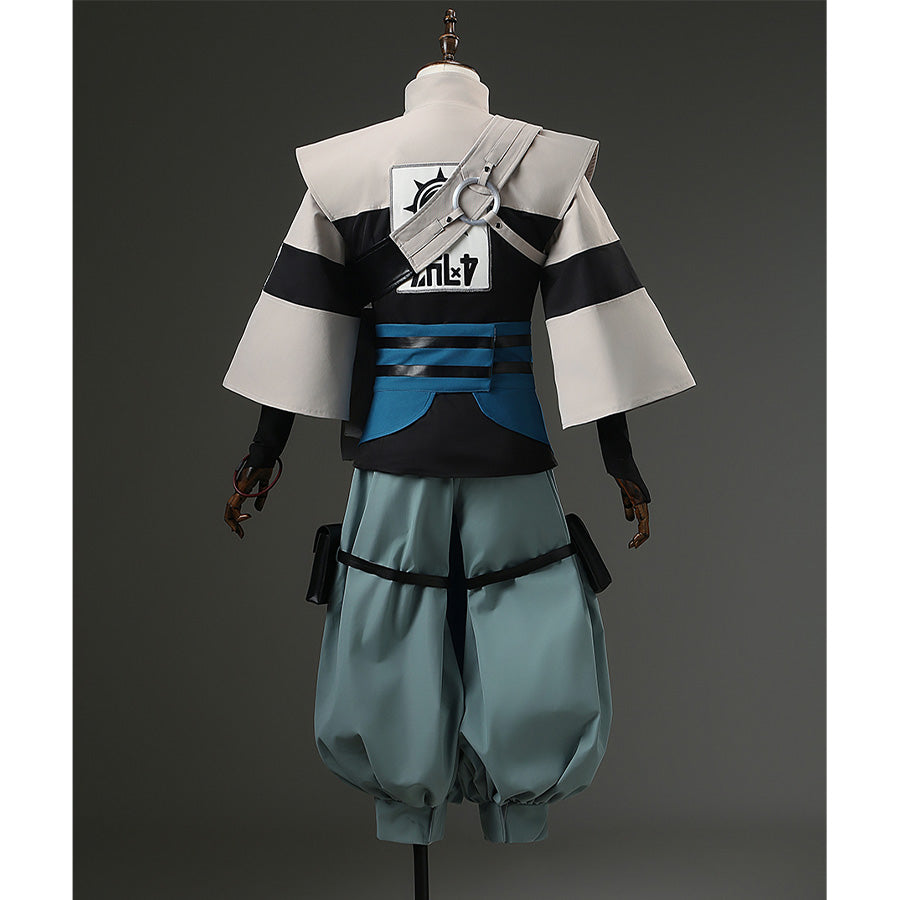 Full body view of Zanka cosplay costume from Gachiakuta anime with detailed vest and apron