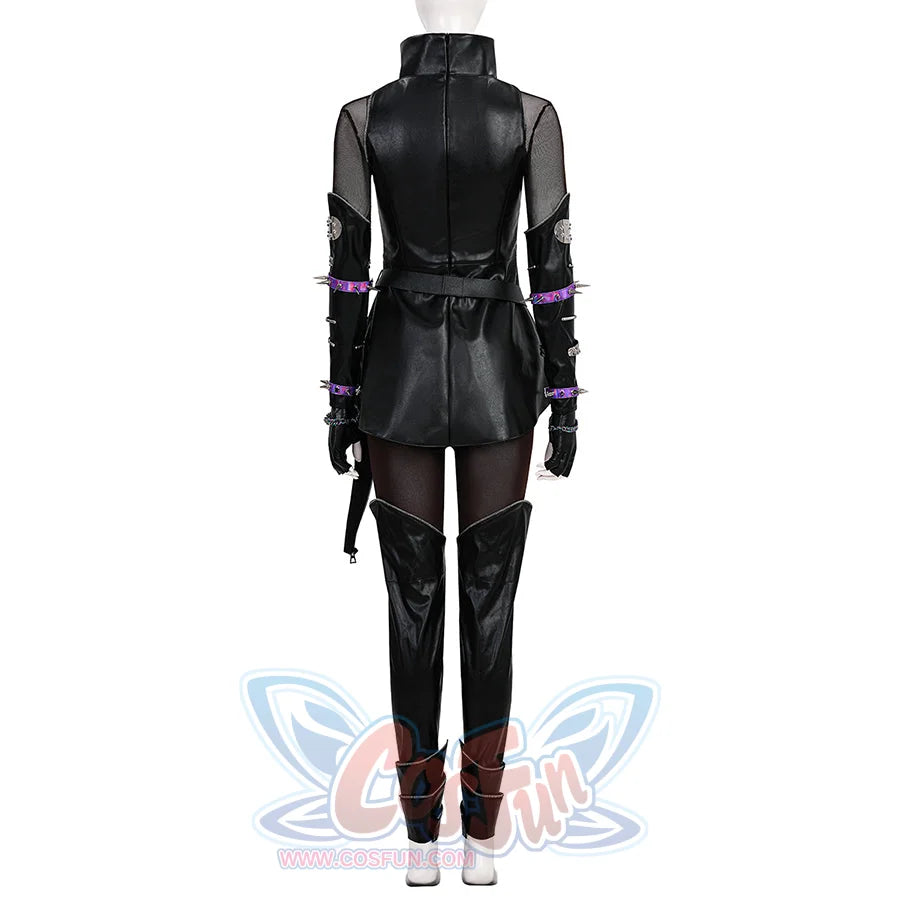 Back view of Mira cosplay costume killer black suit with black pleather top, high collar, mesh panels, studded arm accessories, purple accents
