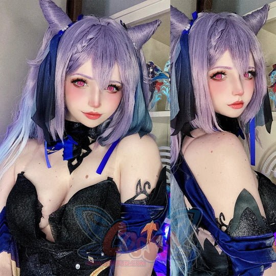 Genshin Impact Keqing Cosplay Wig Gradient Purple Long Curly Ponytails Hair C00003 Wigs