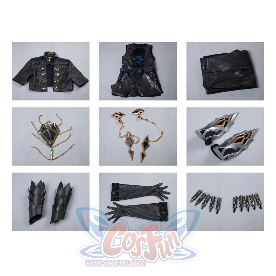 Genshin Impact Il Capitano cosplay full component layout sets jacket vest pants bracers gauntlets and chain accessories.