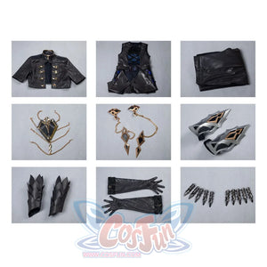 Genshin Impact Il Capitano cosplay full component layout sets jacket vest pants bracers gauntlets and chain accessories.