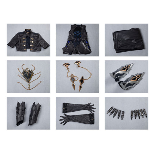 Genshin Impact Il Capitano cosplay full component layout sets jacket vest pants bracers gauntlets and chain accessories.
