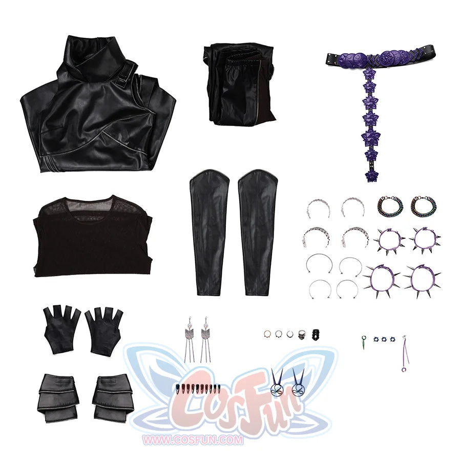 Set detail of Mira cosplay costume killer black suit.