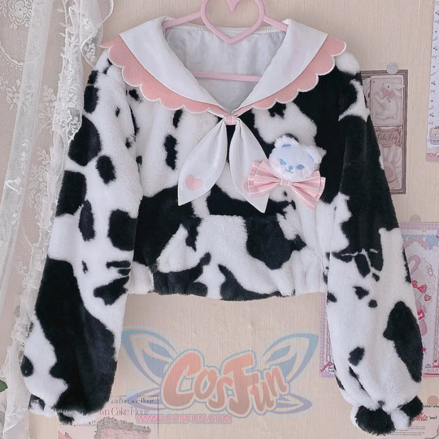 Autumn Winter Lovely Cow Lolita Woolen Hoodie - cosfun
