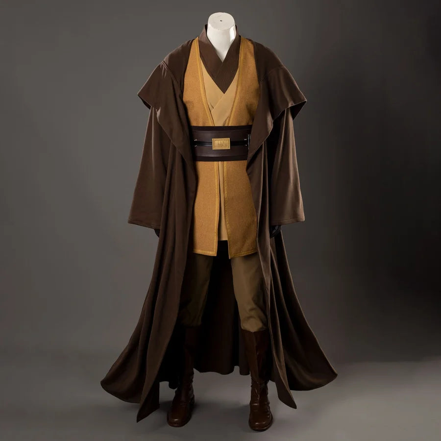COSFUN The Acolyte Sol cosplay costume layers a hooded brown robe over tan tunic pieces anchored by a multi-strap belt.