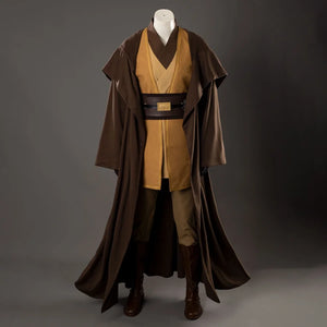 COSFUN The Acolyte Sol cosplay costume layers a hooded brown robe over tan tunic pieces anchored by a multi-strap belt.