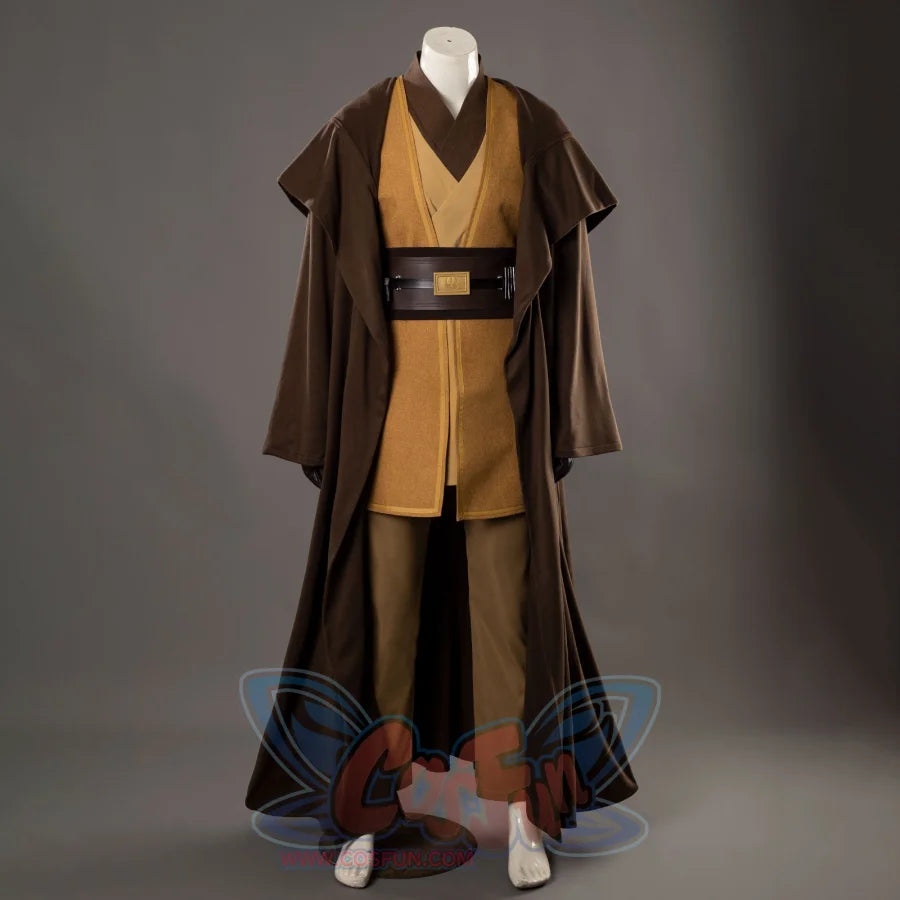 COSFUN The Acolyte Sol cosplay costume layers a hooded brown robe over tan tunic pieces anchored by a multi-strap belt.