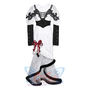 Gothic Lace Bubble Sleeve Long Fishtail Dress + Bowknot / S