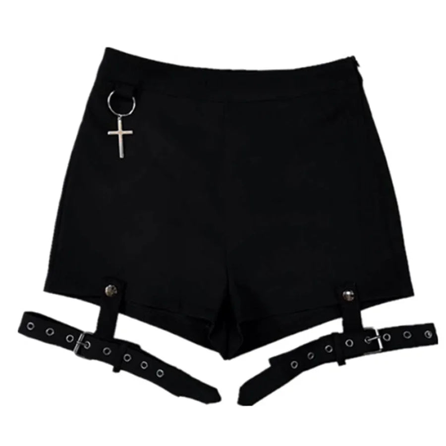Unique Black Punk Cross Pendant Removable Leg Ring High Waist Cool Girl Shorts S20053 L / Black Shorts