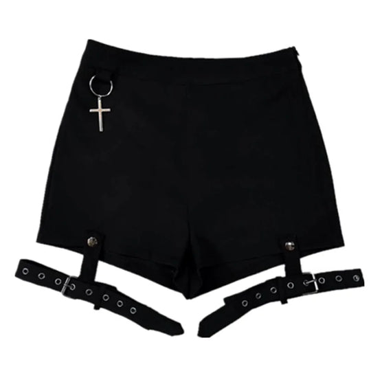 Unique Black Punk Cross Pendant Removable Leg Ring High Waist Cool Girl Shorts S20053 L / Black Shorts