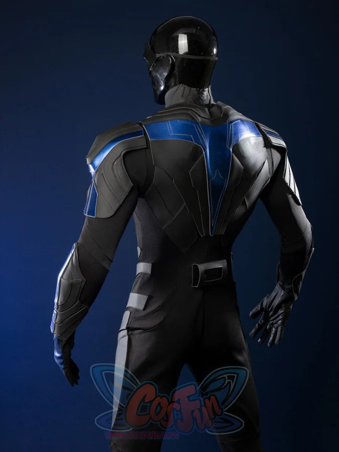 Nightwing cosplay costume - Full back view with helmet, blue armor and black suit