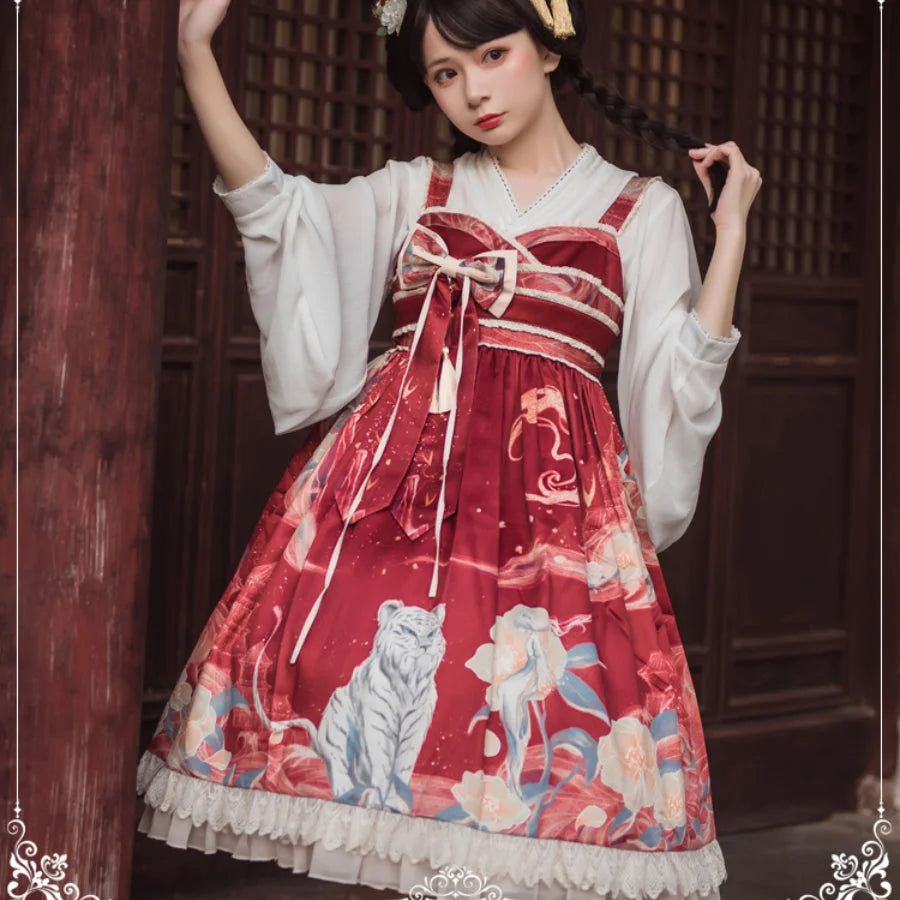 Chinese Style High Waist Lolita Jumper Skirt Wine Red / S