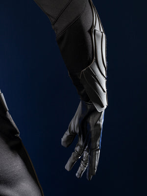 Nightwing cosplay costume - Leg and escrima stick detail with black armor panels