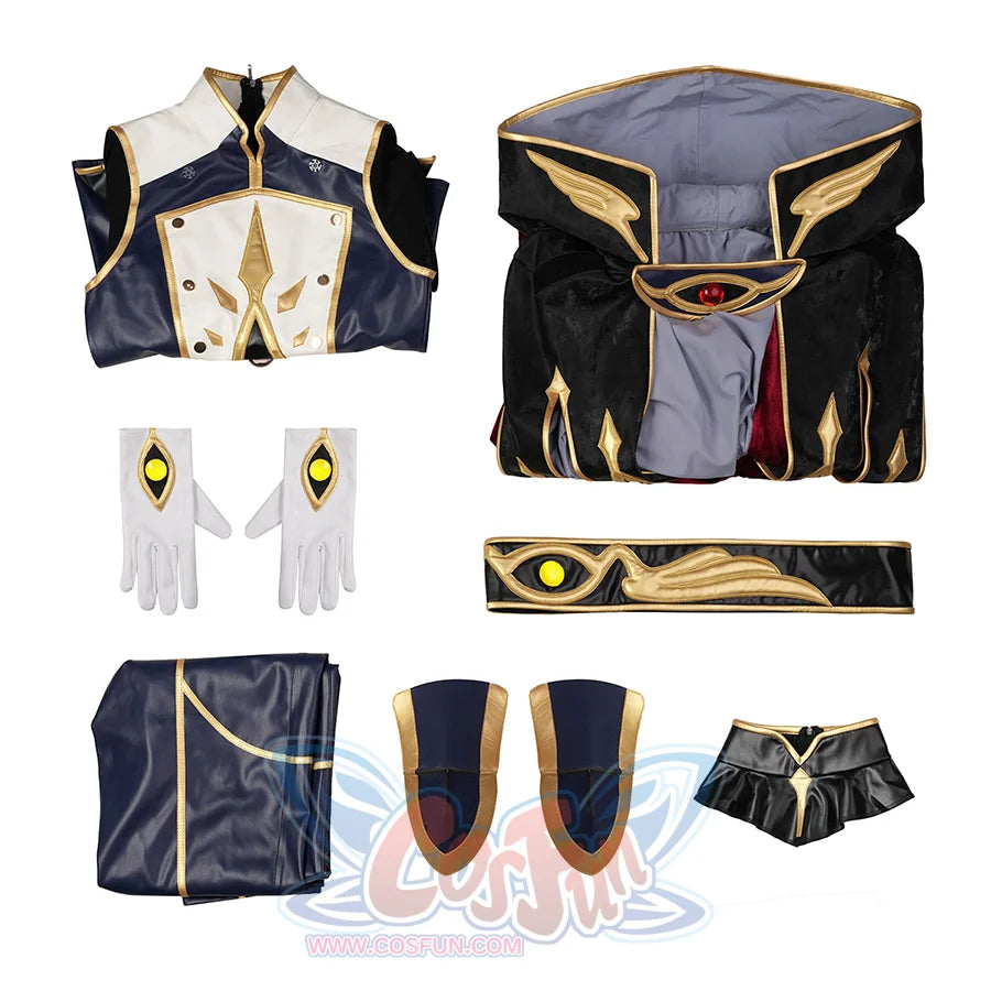 Anime Code Geass: Lelouch of the Rebellion Suzaku Kururugi Knight of Zero Cosplay Costume includes Undershirt, coat, pants, gloves, belt, false collar, shoulder armor.