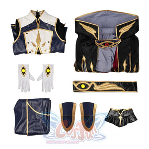 Anime Code Geass: Lelouch of the Rebellion Suzaku Kururugi Knight of Zero Cosplay Costume includes Undershirt, coat, pants, gloves, belt, false collar, shoulder armor.