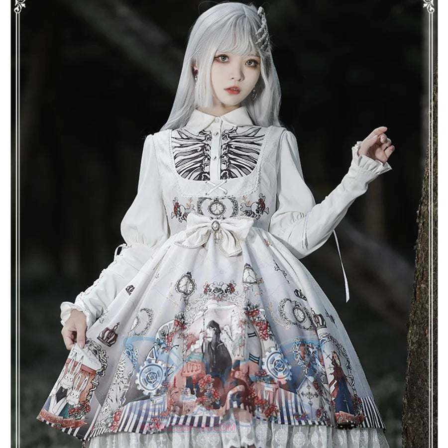 Vintage Gothic Lolita Jumper Skirt and Long-sleeved Shirt Jumper Skirt + Bowknot / White / S