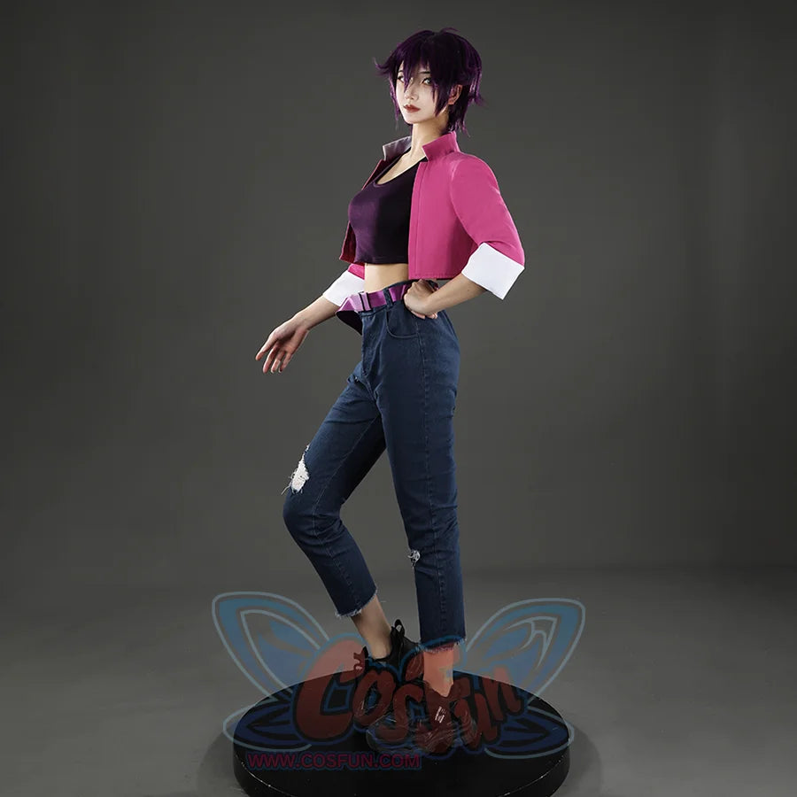 Fantastic Four Invisible Woman Susan Storm cosplay jacket sets a magenta cropped silhouette above distressed blue denim and.