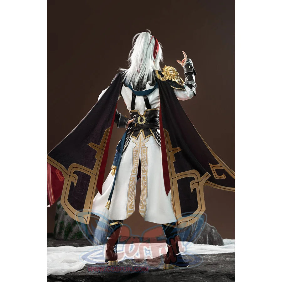 Honkai: Star Rail Jing Yuan cosplay jacket pairs black gold cape over sculpted shoulder armor.