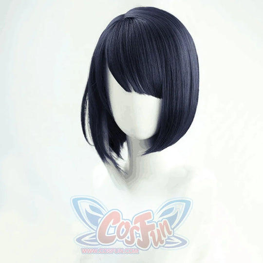Genshin Impact Kujou Sara cosplay wig frames a dark blue bob with asymmetrical fringe and layered sides.